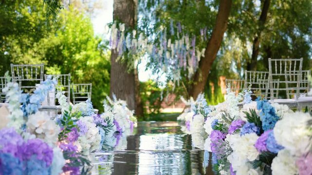 wedding arch of white rose flowers in the forest before the wedding ceremony of the bride and groom, festive romantic boho style decor