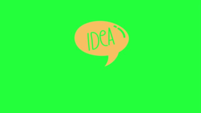 Animated speech bubble with the word i d e a in green text on a idea 
