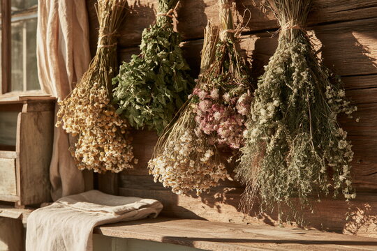 Rustic dried herbs and wildflowers hang beside glass vases on a wooden wall, creating a warm country home scene with soft light and natural charm.