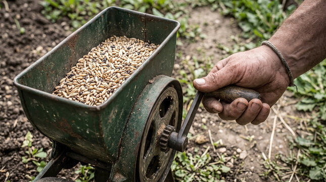 Hand turning the crank of a manual seed spreader filled with grain for agricultural blogs, organic farming websites, and gardening history articles.