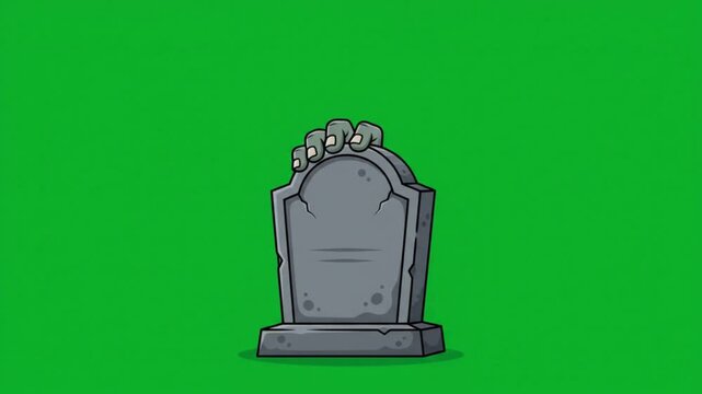 zombie hand chibi cute rise from tombstone in the ground isolated on a green screen background