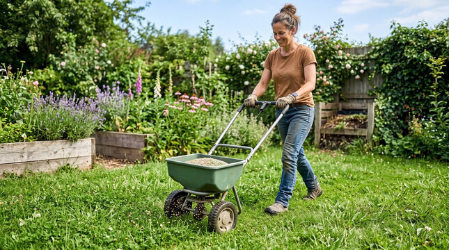 Woman using a manual seed spreader on a green lawn for gardening blogs, landscape maintenance websites, and home improvement articles.