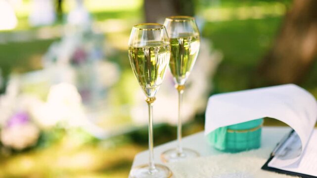 Glasses of sparkling wine shimmer in the sun outside during a festive event. Champagne is an alcoholic beverage at a banquet in an upscale restaurant