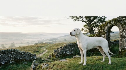 Fototapeta premium A serene white dog stands among ancient stone ruins in a misty valley landscape; faith and spirituality photography with large white copyspace.