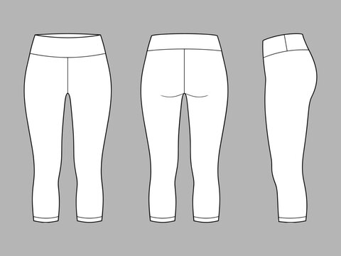 Capri length leggings fashion flat sketch vector illustration template front back and side view. Women's 3/4 cropped yoga pants mock up for apparel technical CAD.