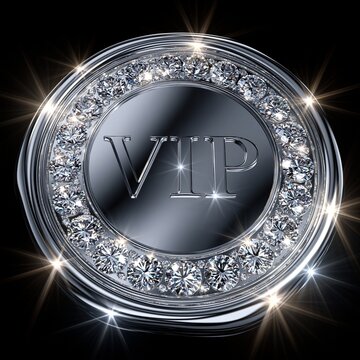 Sparkling silver and diamond VIP emblem with intense light flares on black background