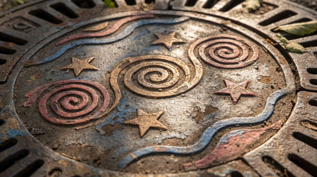 Decorative Symbols on Drain Cover for Urban Design Blogs, City Infrastructure Websites, the Concept of Street Ornamentation, Street Art Articles, and Municipal Awareness
