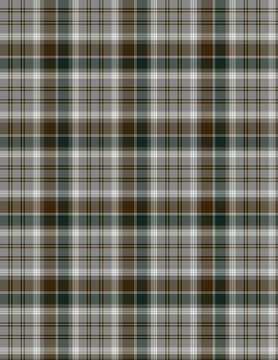 Seamless classic plaid tartan pattern background in brown, dark green, grey, and white. Abstract textile fabric texture for apparel, autumn fashion, and cozy blanket design.