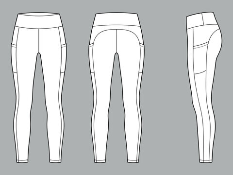 Technical side pocket leggings fashion flat sketch vector illustration template front back and side view. Women's workout pants mock up for athletic apparel CAD.