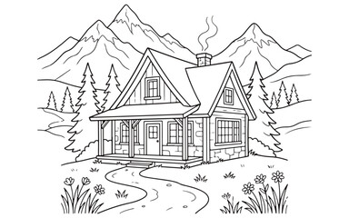 Naklejka premium Cozy Mountain Cottage Landscape Coloring Page with Pine Trees and Winding Path Vector Line Art 