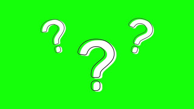 Animated of three white question marks on a bright green background, symbolizing inquiry, mystery, and unresolved questions in visual media