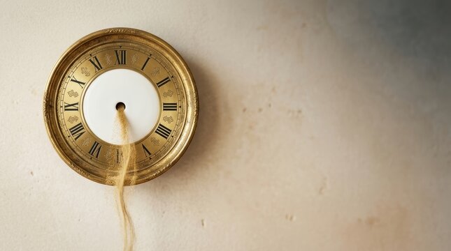 Surreal photography of a vintage gold clock on a wall with sand pouring from its center representing the passage of time.