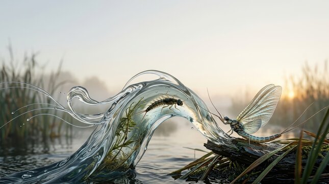 Surreal photography of a mayfly metamorphosis showing an adult insect on a log and its nymph trapped inside a swirling crystal clear water splash at misty sunrise