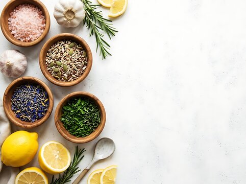 Superfood ingredients in wooden bowls with fresh lemons and rosemary on white background