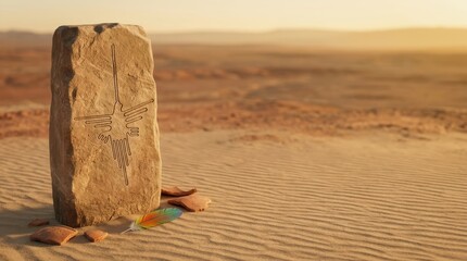 Naklejka premium Conceptual Storytelling Narrative of an Ancient Stone Tablet with Nazca Hummingbird Engraving in a Golden Desert Landscape with Artifacts and a Bright Feather