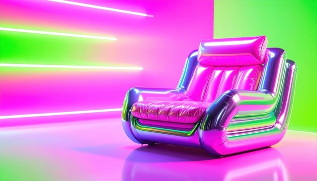 Modern Futuristic Armchair with Neon Lighting and Iridescent Finish in Vibrant Pink and Green Studio with Copy Space