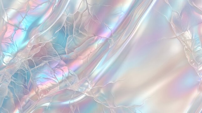 Abstract background featuring iridescent holographic plastic texture with soft folds and light reflections.