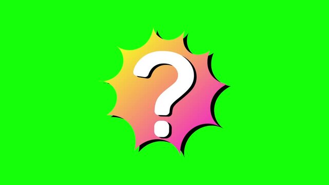 Animated of a stylized question mark on a radiant burst shape, isolated on a chroma key green background for versatility