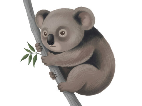 Niedliche Illustration eines kleinen Koalab&auml;ren, der sich an einem Baumast mit gr&uuml;nen Bl&auml;ttern festklammert, freigestellt auf wei&szlig;em Hintergrund.