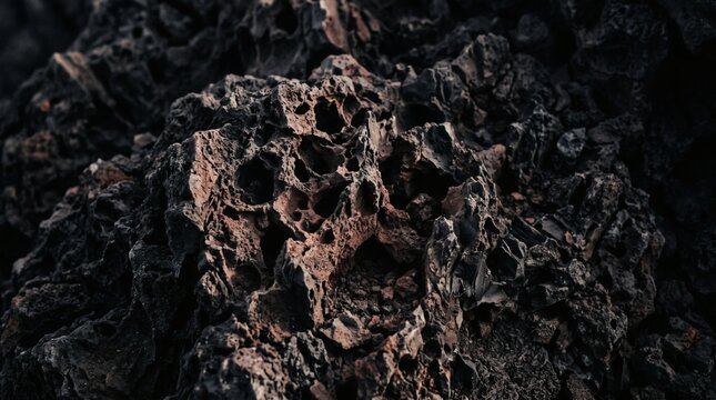 Close up view of porous volcanic lava rock texture with dark shadows.
