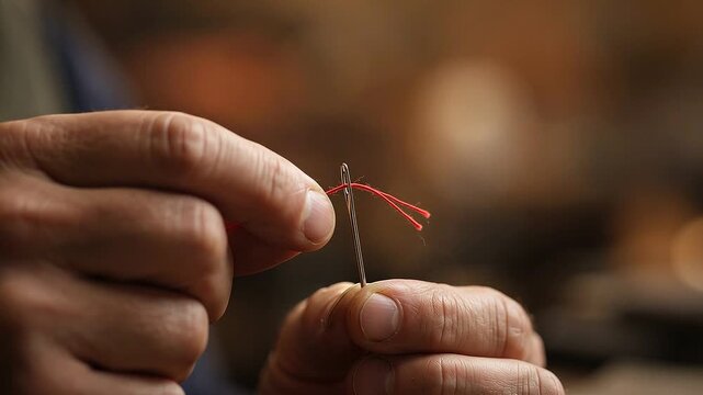 A person&rsquo;s hands are threading a needle with red string. The image has a shallow depth of field, with the hands and needle in sharp focus, and the background is blurred.