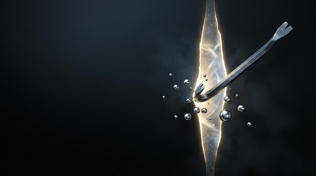 Surreal photography of a metal crowbar prying open a glowing golden portal rift in a dark cosmic space with floating spheres.