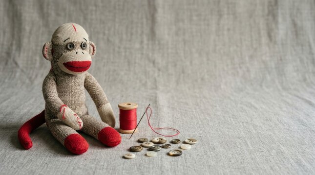 Conceptual Narrative of a Classic Sock Monkey Toy Sitting with Sewing Spools and Buttons, Storytelling of Handmade Craftsmanship and Childhood Nostalgia