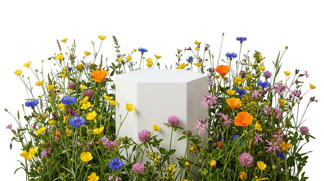 Ein wei&szlig;es Podium zur Produktpr&auml;sentation, umgeben von bunten Bl&uuml;hpflanzen und Sommerblumen auf wei&szlig;em Hintergrund.