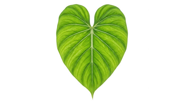 Ein einzelnes, herzf&ouml;rmiges Philodendron-Blatt mit markanter Blattaderung und leuchtend gr&uuml;ner Textur, isoliert auf einem rein wei&szlig;en Hintergrund f&uuml;r botanische Designs.