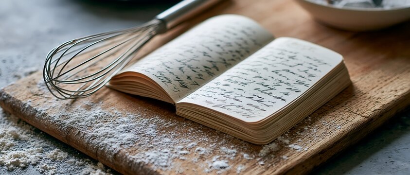 Flour-covered cutting board holds open cookbook and metal whisk