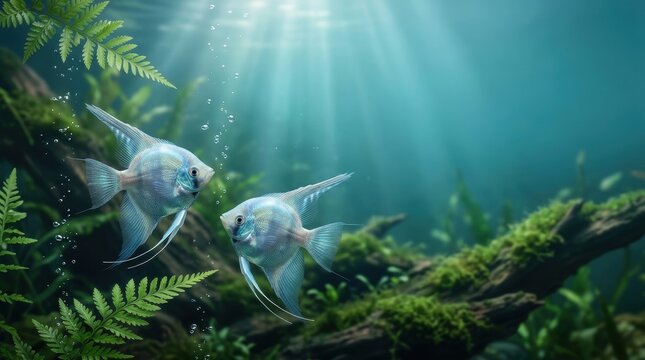 Serene pair of silver angelfish swimming in a lush underwater garden with divine sunlight beams, suitable for faith and spirituality photography, copyspace.