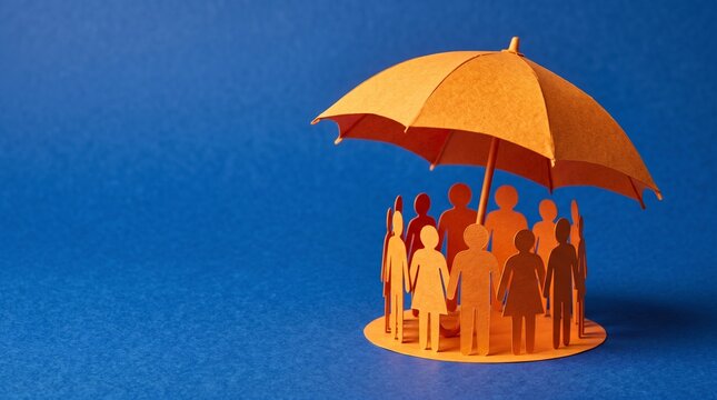 Insurance protection concept with paper cutout people under orange umbrella on blue background