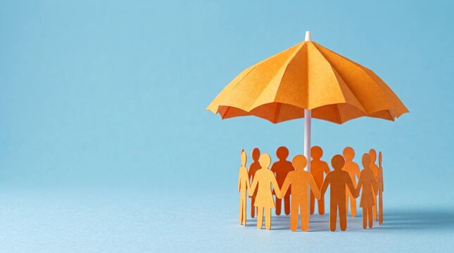 Paper family figures under orange umbrella symbolizing insurance protection and community safety concept