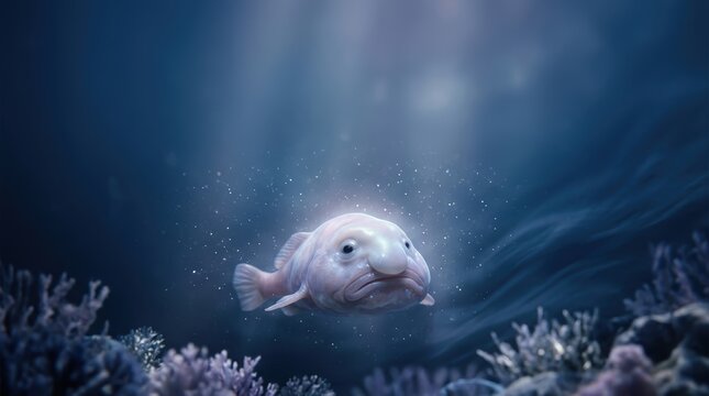 Deep sea blobfish floating in dark blue water under a divine light ray, creative faith and spirituality photography style with copyspace