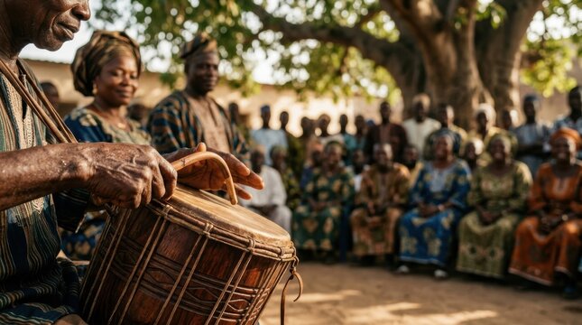 Traditional Village Scene with a Man Playing a Talking Drum, Faith and Spirituality Photography with Copyspace