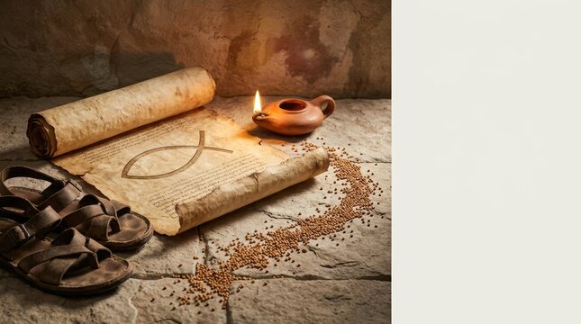 Ancient Christian symbols of faith featuring a papyrus scroll with Ichthys symbol, leather sandals, and an oil lamp for conceptual storytelling narrative.