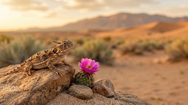 Conceptual narrative of a horned lizard resting on a rock beside a blooming cactus in a golden desert landscape, a storytelling image of wilderness survival.