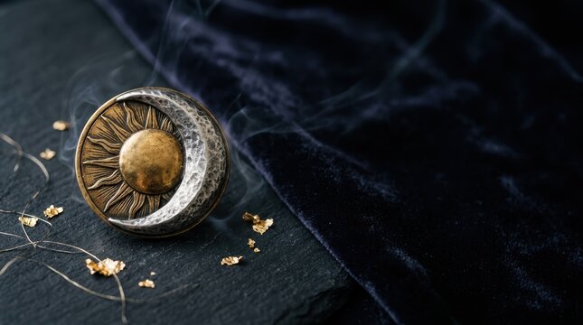Conceptual storytelling and narrative composition featuring a mystical sun and moon celestial amulet on dark slate with smoke and purple velvet