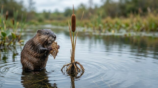 Conceptual and narrative storytelling of a muskrat holding a woven orb next to a cattail in a serene marsh, depicting animal craftsmanship and wildlife harmony.
