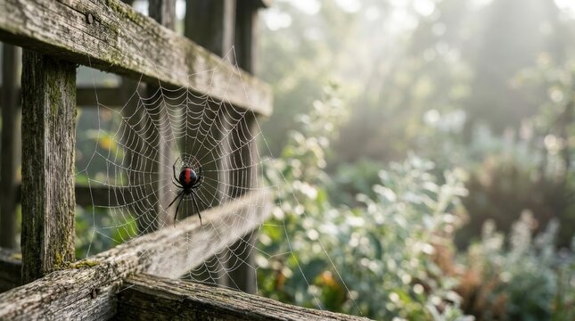 Redback spider on a dew-covered web in misty morning light, faith and spirituality photography with copyspace