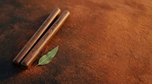 Conceptual and narrative image of traditional Australian Aboriginal wooden clapsticks with a eucalyptus leaf on red ochre earth, evoking a storytelling atmosphere.