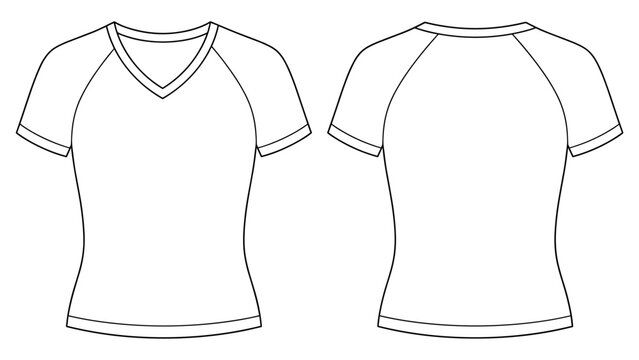 Vector woman v-neck raglan short sleeve t-shirt flat sketch. Mock up template