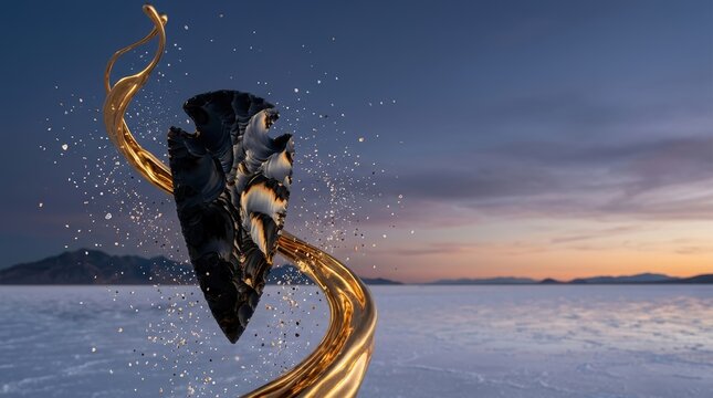 Surreal photography of a black obsidian arrowhead floating with liquid gold swirls above a desert salt flat at sunset