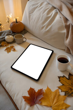 Cozy autumn and Thanksgiving mockup with digital tablet on bed with pumpkins and autumn leaves.