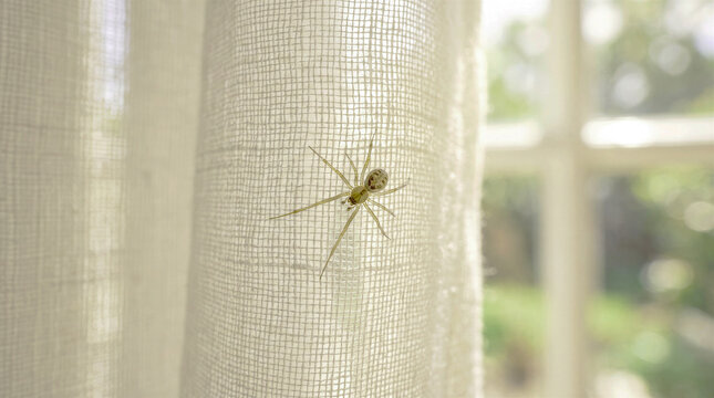Small spider sitting on a white sheer curtain in daylight