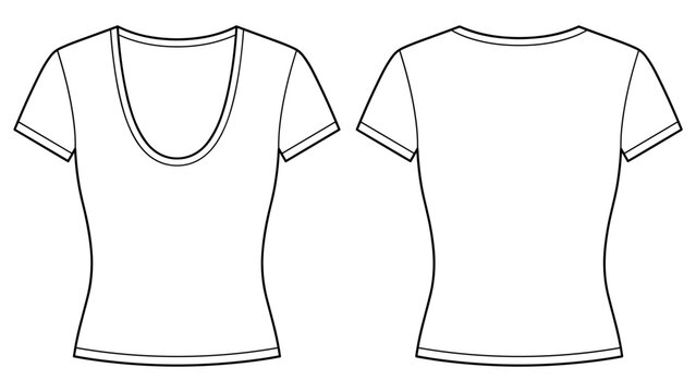 Vector scoop neck fashion tee front and back view. Mock up template