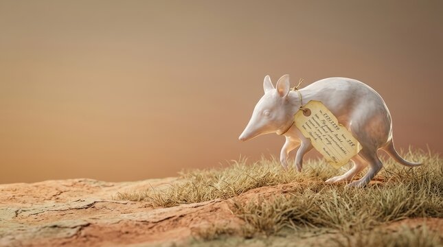 Conceptual Narrative and Storytelling Scene of a White Porcelain Specimen Animal with an Identification Tag in the Wild Arid Landscape