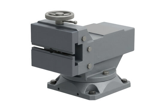 Ein robuster Maschinenschraubstock aus grauem Gusseisen mit pr&auml;zisem Handrad zur sicheren Fixierung von Werkst&uuml;cken in einer industriellen Fertigungsumgebung, isoliert auf wei&szlig;em Hintergrund.
