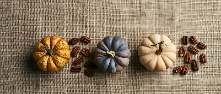 Rustic autumn arrangement: three pumpkins and pecans on burlap background