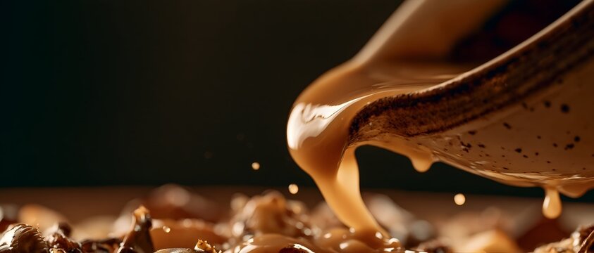 Sauce flows from wooden spoon over cooked food, creating appetizing scene
